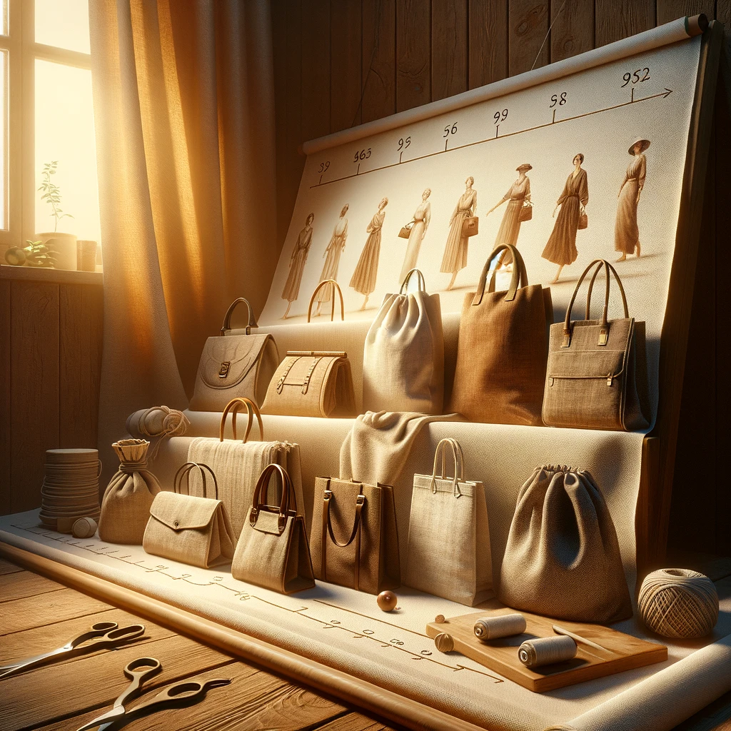 Fotorealistyczna ilustracja przedstawiająca historię i ewolucję toreb materiałowych, od tradycyjnych toreb lnianych po nowoczesne stylowe torby