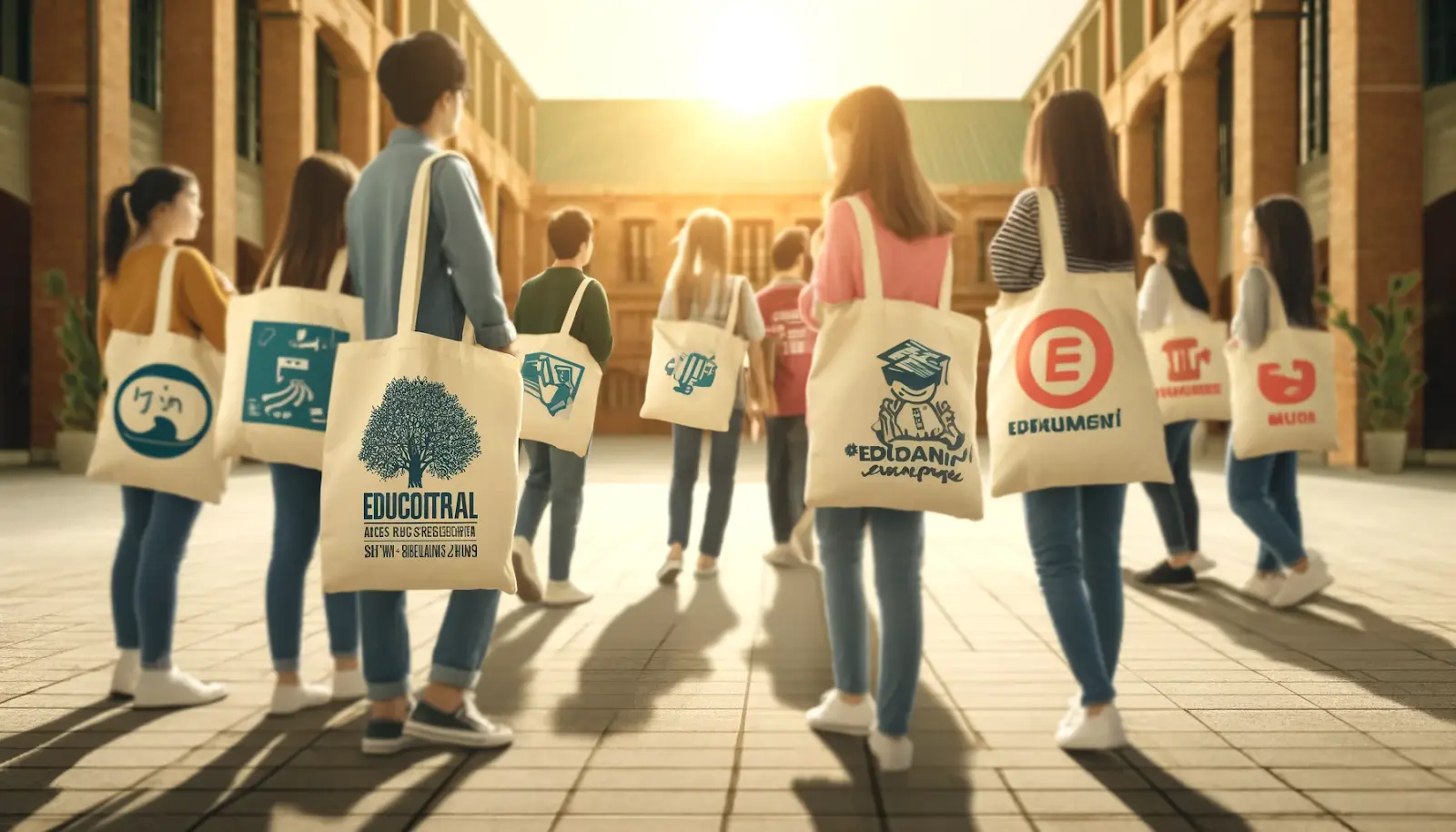 Studenci na kampusie uniwersyteckim noszą torby bawełniane z logo edukacyjnym, promujące zaangażowanie w edukację.