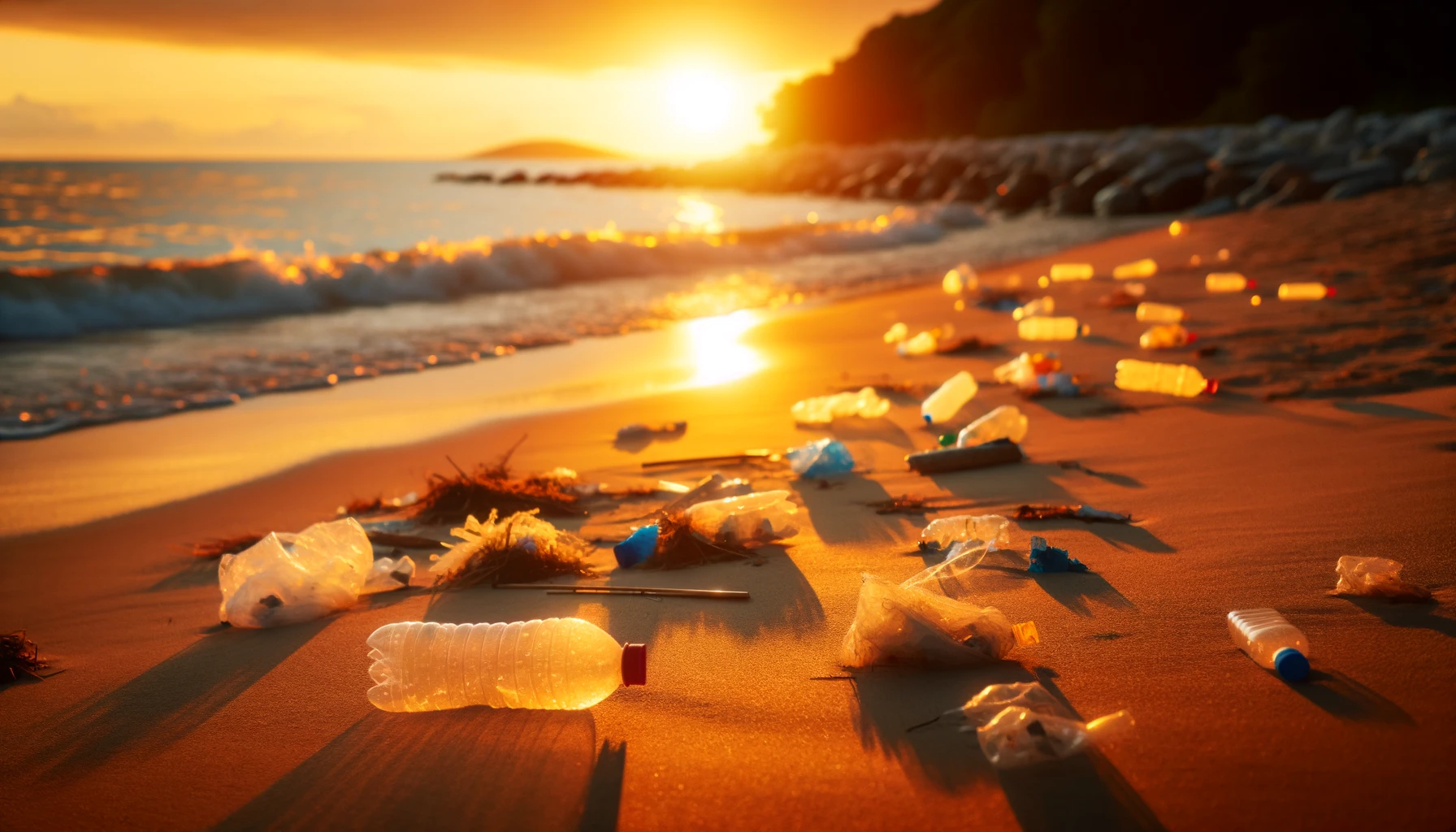 Zanieczyszczona plaża z plastikowymi odpadami rozrzuconymi na piasku, z ciepłym, złocistym światłem zachodu słońca.