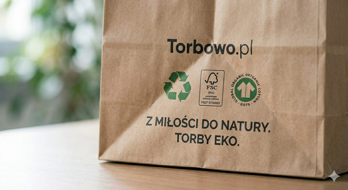 Detal nadruku na torbie ekologicznej prezentujący certyfikaty FSC i symbole recyklingu wspierające strategię CSR firmy.