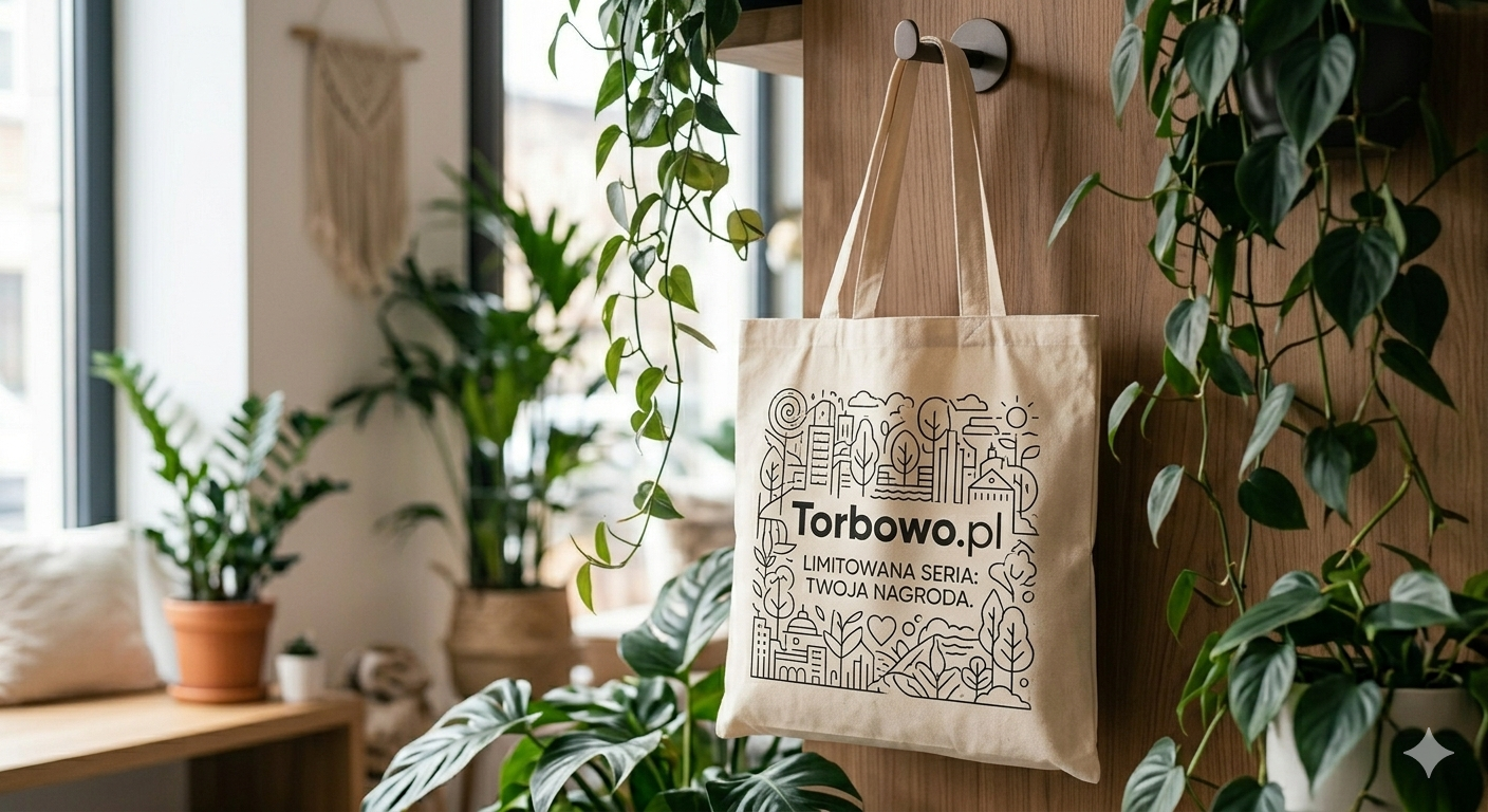 Designerska torba bawełniana z limitowanej kolekcji jako nagroda w programie lojalnościowym dla klientów.