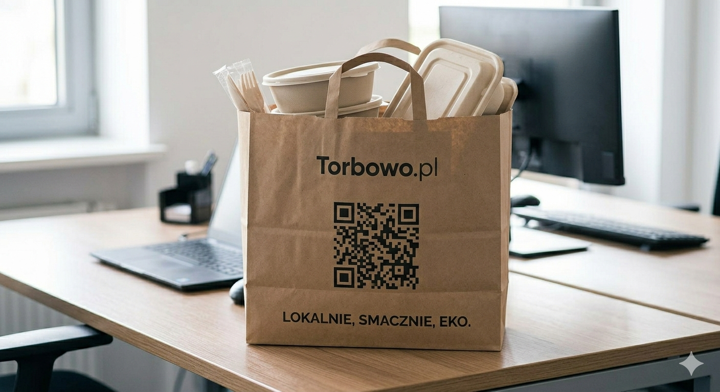 Torba papierowa z nadrukiem logo i kodem QR używana w cateringu dietetycznym do dostawy posiłków do biura.