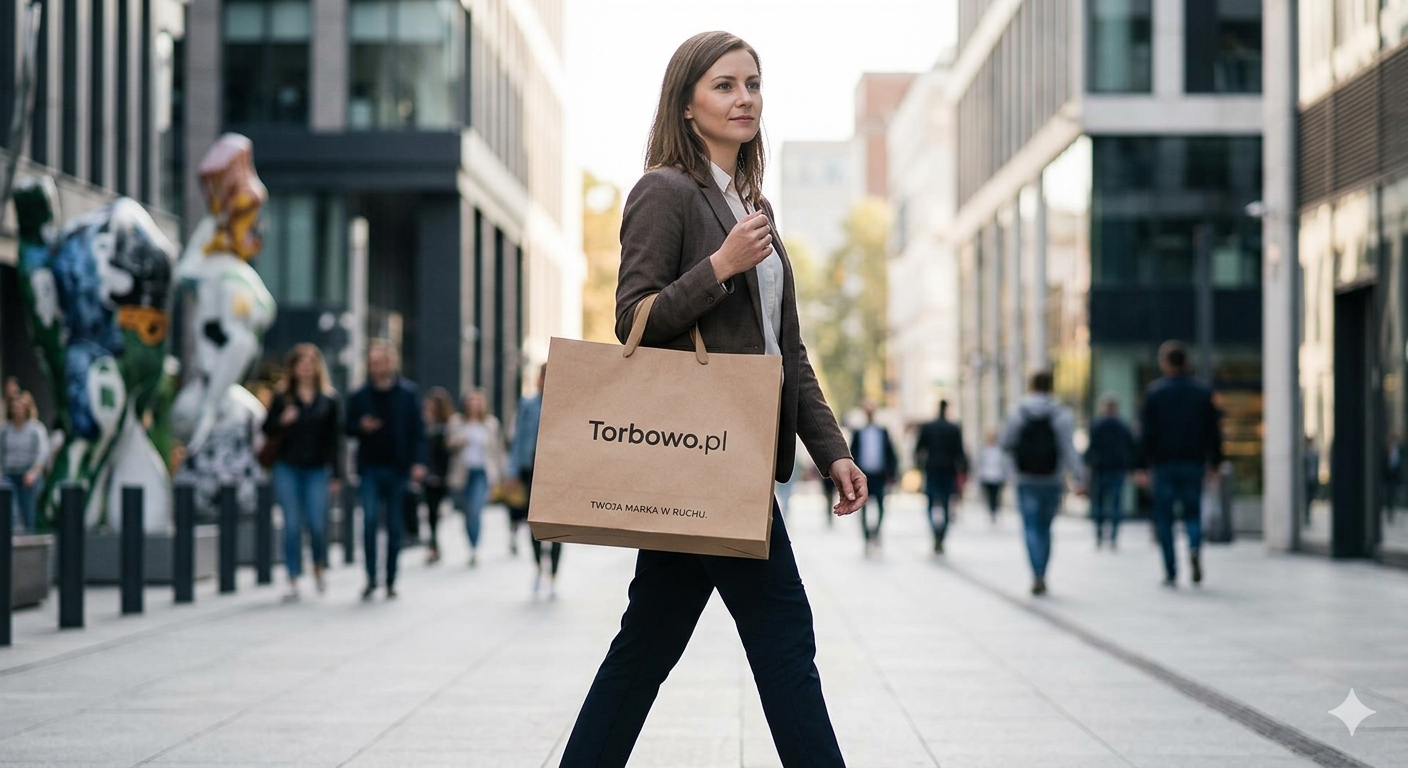 Kobieta idąca ulicą z papierową torbą reklamową z nadrukiem logo, prezentująca mobilny charakter marketingu offline.
