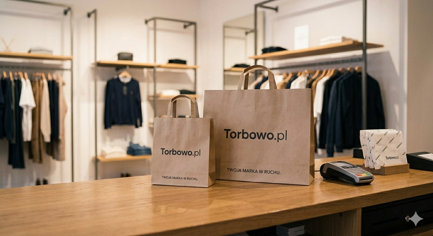 Zestaw toreb papierowych z nadrukiem w różnych rozmiarach przygotowany dla klientów sklepu stacjonarnego jako element identyfikacji wizualnej.