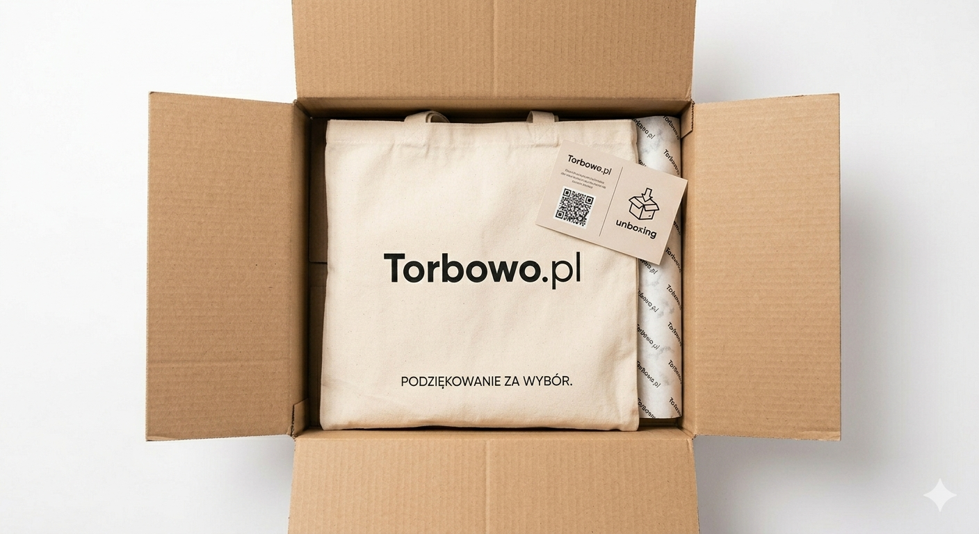 Otwarta paczka e-commerce z widoczną bawełnianą torbą reklamową jako prezentem wzmacniającym lojalność klienta.