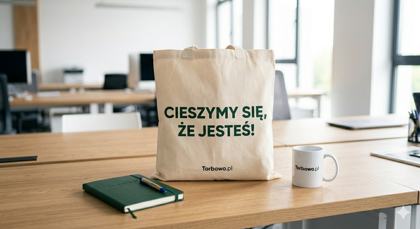 Bawełniana torba reklamowa z napisem jako element pakietu powitalnego dla nowego pracownika w ramach employer brandingu.